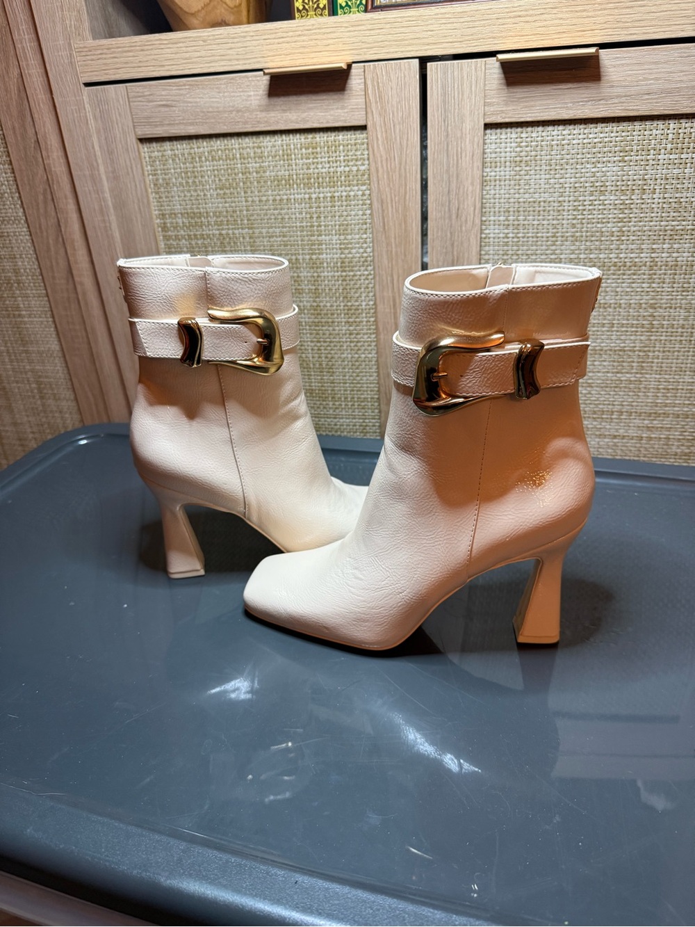 Circus NY by Sam Edelman Cream Ankle Boots with Gold Buckle